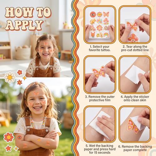 96 Pcs Groovy 70s Temporary Tattoos | Pre-Cut Kids Party Favors