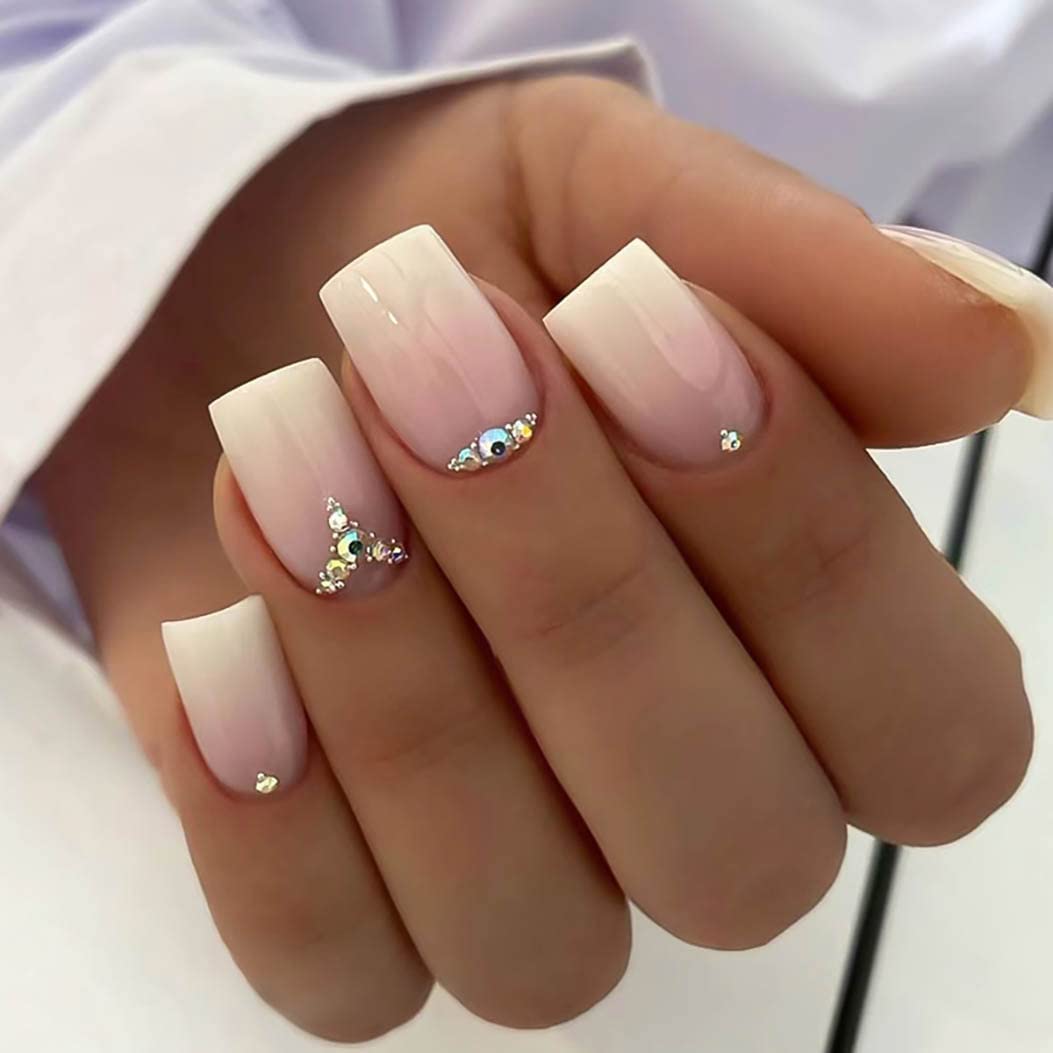 RikView White Press on Nails Medium Length Fake Nails with Rhinestones Square Acrylic Nails Glossy Nails 24 PCs/Set