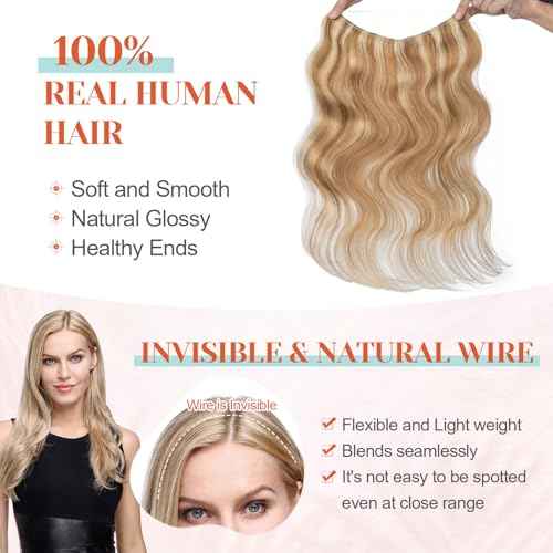 Benehair Halo Hair Extensions Real Human Hair, Blonde Halo Hair Extension 100% Human Hair, Wavy Halo Extensions Human Hair, Wire Hair Extension, Golden Brown&Bleach Blonde 55g/12inch