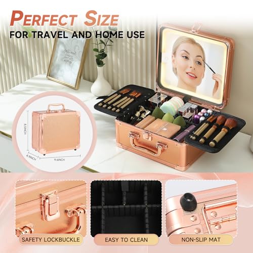 Leeora&Leekoo Makeup Box with Lighted Mirror,Portable Makeup Train Case Organizer (Gold)