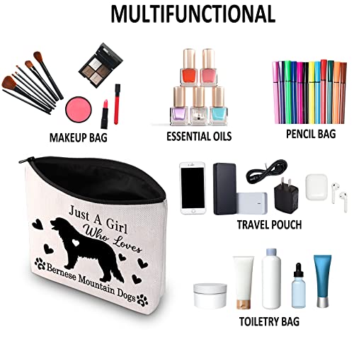 G2TUP Bernese Mountain Dog Lover Gift Who Loves Bernese Mountain Dogs Makeup Bag Bernese Mountain Mom Cosmetic Bag Dog Mama Travel Bag (Just a Girl Who Loves Bernese White Bag)