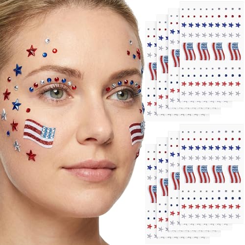 Patriotic Face Gem Stickers 8 Sheets 4th of July