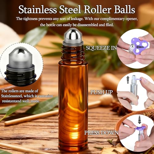 12-Pack 10ml Amber Glass Roller Bottles for Essential Oils