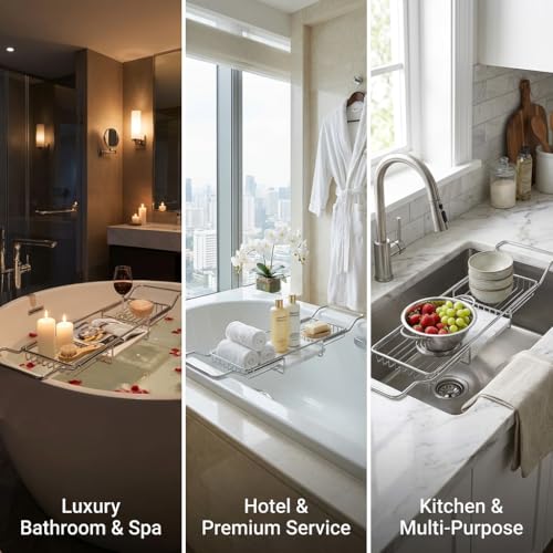Expandable Bathtub Caddy Tray with Tablet Holder, Stainless Steel