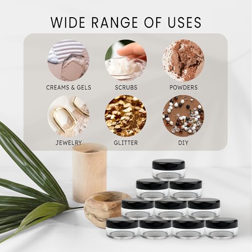 50 New empty 5 Gram (0.17 oz) Acrylic Round Jars - BPA Free Plastic Containers for Cosmetic, Lotion, Cream, Makeup, Bead, Eye shadow, Rhinestone, Samples, Pot, 5g/5ml (Black Lid 50 Jars)