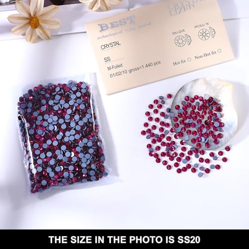 Novani Hotfix Rhinestones 1440pcs Fuchsia Round Iron on Rhinestone Style 2088 Sparkly Crystal Gemstones for Fabric and Crafting, SS20 (4.6-4.8mm)