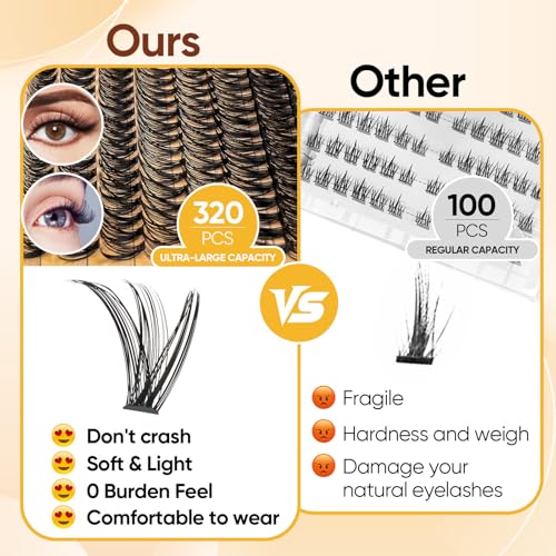 Lash Clusters WispyCluster Eyelash Extensions 320pcs Individual Natural Lashes 8-10-12-14-16mm Lash Extension D Curl DIY Thick False Eyelashes Fox Eye Soft Comfortable with Thin Band (black-40D)