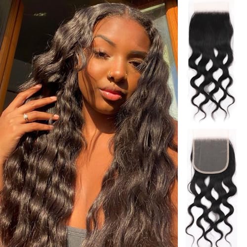 18 Inch 4x4 HD Lace Closure Brazilian Virgin Human Hair Natural Wave Transparent Lace Closure Pre Plucked with Baby Hair Free Part Natural Wave Lace Closure, Black
