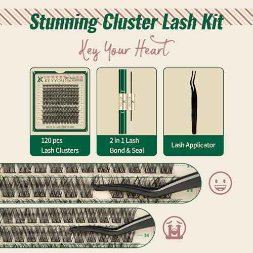 Lash Extension Kit 120pcs Lash Clusters Lash Bond and Seal Eyelash Extension Kit KEYYOU D Curl 8-18MIX Soft Natural Lashes with Lash Applicator for DIY at Home(Kit-DV02-8-18MIX)