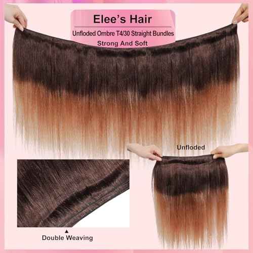 12A Ombre Bundles Human Hair Straight Human Hair 100% Unprocessed Virgin Remy Hair Bundles 2 Tone Black to Honey Brown Human Hair Extensions (T4/30, 12 14 16)