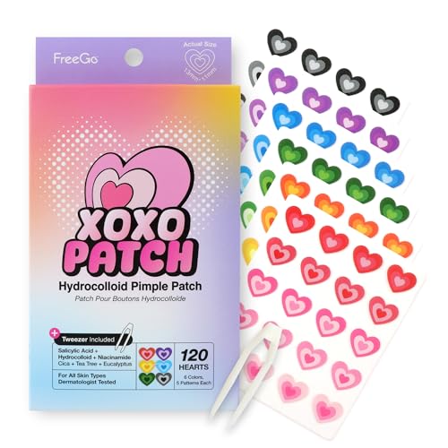 FreeGo XOXO Hydrocolloid Pimple Patch, 120 Counts | Cute Colorful Heart Shape | Salicylic Acid, Niacinamide, CICA, Tea Tree, Eucalyptus | Absorb, Heal Pimple and Protect Skin | Made in Korea