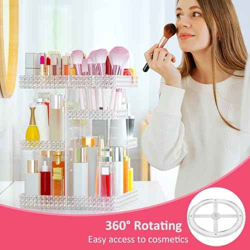 Rotating Makeup Organizer, Large Capacity Cosmetic Display Case, Acrylic Skincare Organizer with Makeup Brush, Makeup Storage Organizer for Dresser Countertop and Bathroom Vanity - Clear