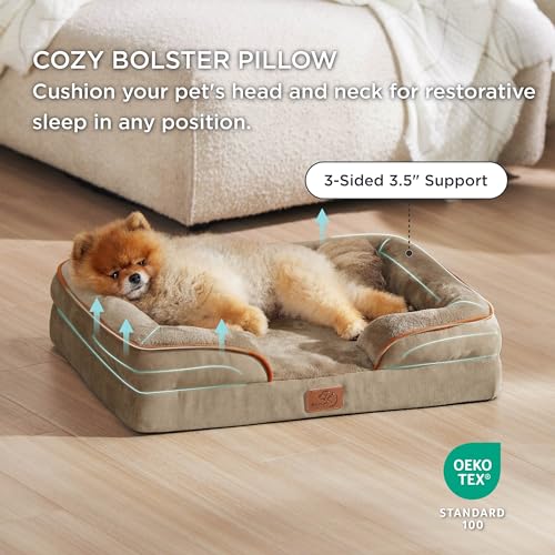 Bedsure Small Orthopedic Dog Bed - Washable Bolster Dog Sofa Beds for Small Dogs, Supportive Foam Pet Couch Bed with Removable Washable Cover, Waterproof Lining and Nonskid Bottom Couch, Hazel