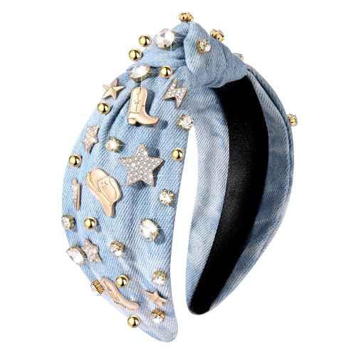 MOLOCH Western Headband Cowgirl Headband for Women Cowboy Boot Hat Stars Knotted Head Band Crystal Jeweled Top Knot Hairband Western Country Concert Hair Accessories Bachelorette Outfit Gifts