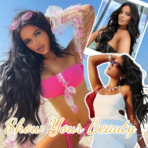 Black Long Wavy Wig with Lace Hairline - 26 Inch