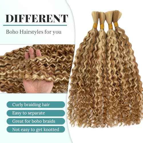 Blonde Colored Human Hair Braiding Hair Wet and Wavy Bulk Boho Hair for Braiding 150G Long 30 Inch No Weft Knotless Wet and Wavy Bundles Real Human Hair Extensions 3 Braids/Pack