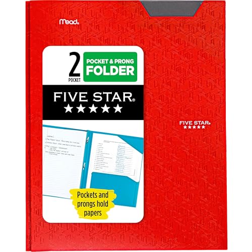 Five Star Red 2-Pocket Plastic Folder with Stay-Put Tabs & Prong Fasteners - 1 Count