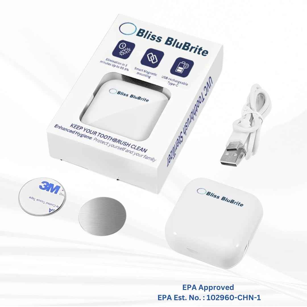 Bliss BluBrite Portable UV-C Toothbrush Sanitizer and Holder – Travel Case for Manual & Electric Toothbrush Heads – UV Light Cleaning Box – USB Rechargeable – Travel-Friendly