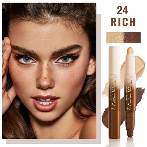 Nude Brown + Nude Contour Stick Dual Ended Face Body Makeup Waterproof no Transfer, 2 in 1 Cream Concealer Stick Contouring Makeup Kit, Nose Contour Bronzer Sticks Face Highlighter Make up