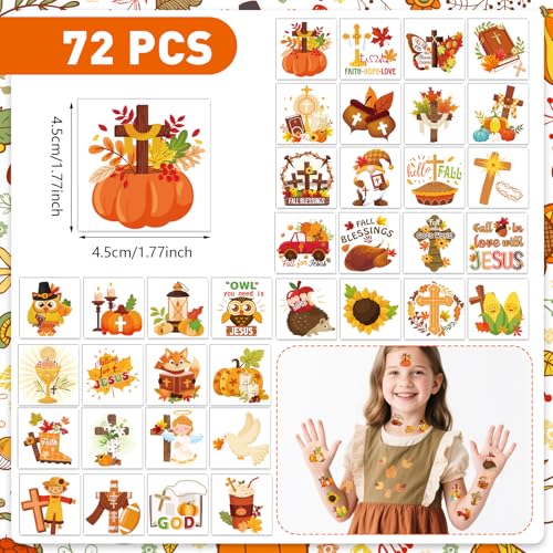 HOWAF 72pcs Religious Thanksgiving Temporary Tattoos, Thanksgiving Tattoos Stickers for Kids Girls Boys Decor, Christian Fall for Jesus Fake Tattoo Autumn Season Church Face Tattoo Gift Bags Fillers