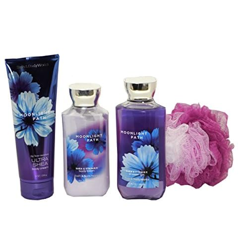 Bath & Body Works Signature Collection Moonlight Path Gift Set - Bundle - 4 items: Ultra Shea Cream, Body Lotion, Shower Gel, and Shower Sponge