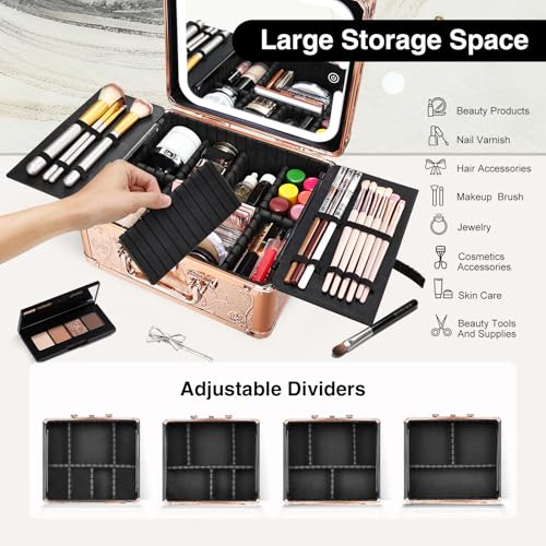 Makeup Case with Magnetic Lighted Mirror & LED Light - Rose Gold