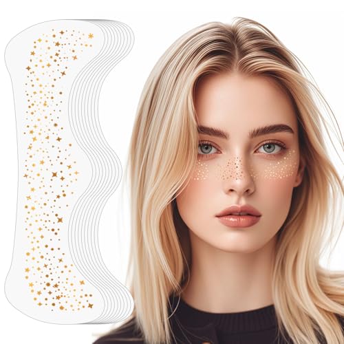 Face Glitter Freckles, Glow Up Makeup Patches for Face, 10pcs Gold Sparkle Freckles, Face Glitter Makeup Speckles, Glitter Makeup Accessories for Women, Faux Glitter Freckles Face Tattoo (Golden Star)
