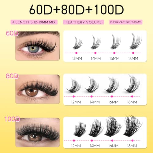 Lash Clusters Kit 60D 80D 100D Thick Cluster Eyelash Extensions 12-18mm Lash Clusters Individual Lash Extensions DIY Clusters Lashes Extension at Home (60D+80D+100D 12-18MM Kit)