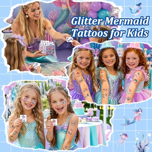 108 Glitter Mermaid Temporary Tattoos for Kids Party Favors