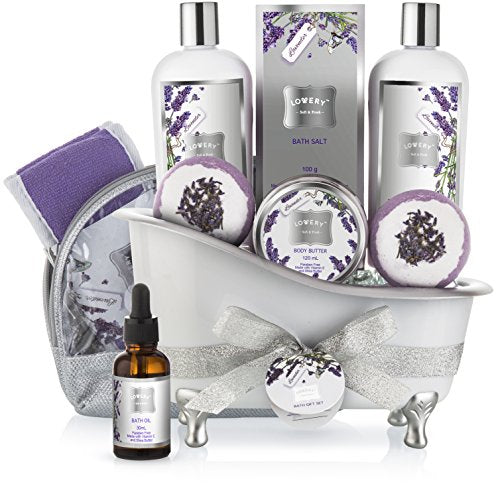 Lavender & Jasmine Spa Gift Basket Set for Women - Bath Bombs, Salts, Body Lotion & More