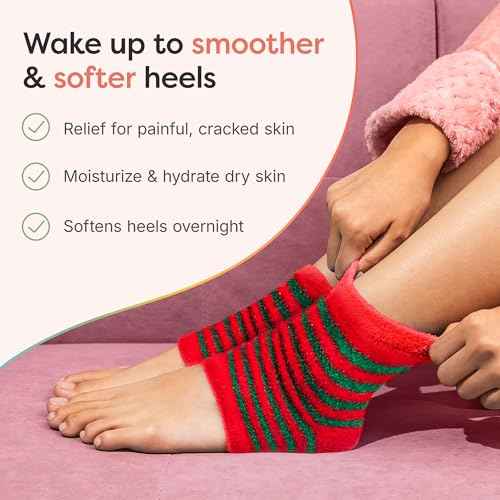 ZenToes Moisturizing Socks for Cracked Heel Treatment, Vitamin E, Olive Oil and Jojoba Oil Heel Socks, Stocking Stuffers for Women, Spa Self Care Gifts for Women (Holiday Stripes, Regular)