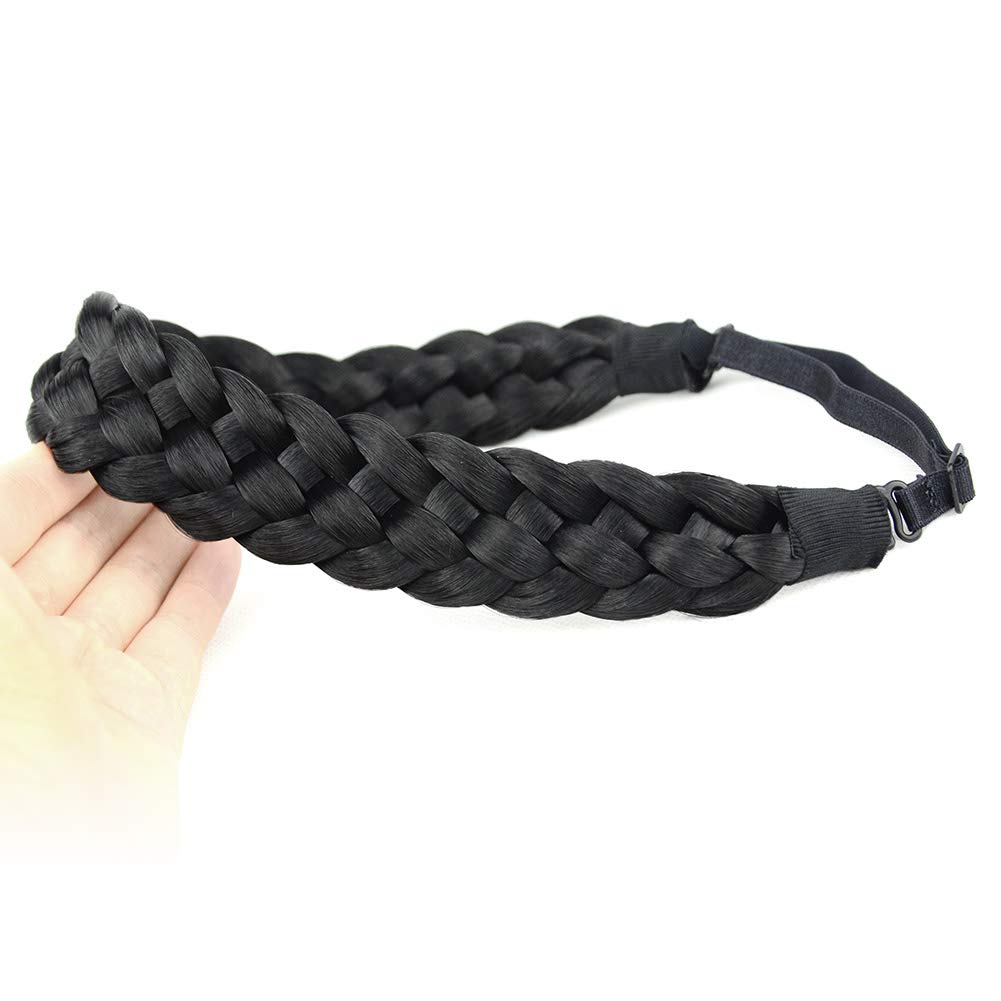 BOBIYA 5 Strands Synthetic Hair Black Braided Headband Classic Chunky Wide Plaited Braids Headband Elastic Stretch Braid Headband for Women Girl (Black)