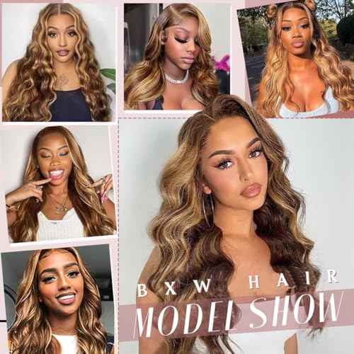 BXW 28Inch Highlight Ombre Lace Front Wig Human Hair 13x6 Blonde Highlight Body Wave Lace Front Wigs Human Hair 4/27 Colored Deep Wave Wig 200% Density Honey Blonde With Frontal Wigs For Women
