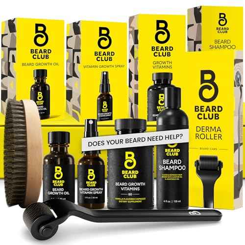 The Beard Club Advanced Beard Growth Kit - Derma Roller, Growth Oil, Vitamins and Vitamin Spray, Shampoo and Boar Bristle Brush - Gift Set - Cedar