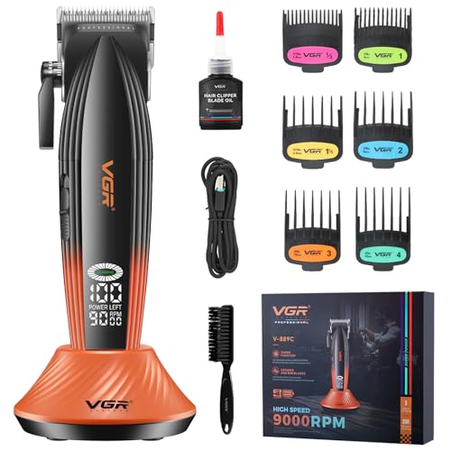 VGR 889C Professional Hair Clippers for Men, 9000RPM Cordless Barber Clippers with Ceramic & MIM Blades, 6 Magnetic Guide Combs, LED Display, USB Charging Base, Mens Grooming Kits for Barber