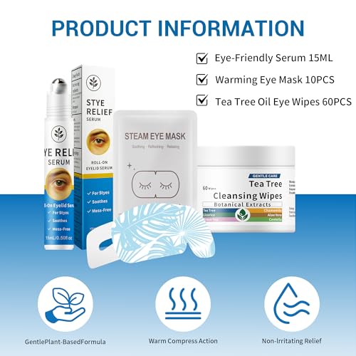 Stye Treatment Set : Eye Relief Serum with Rollerball, Tea Tree Wipes & Steam Masks for Styes, Blepharitis, Chalazion ? Soothes Redness, Irritation & Daily Care for Sensitive Eyes