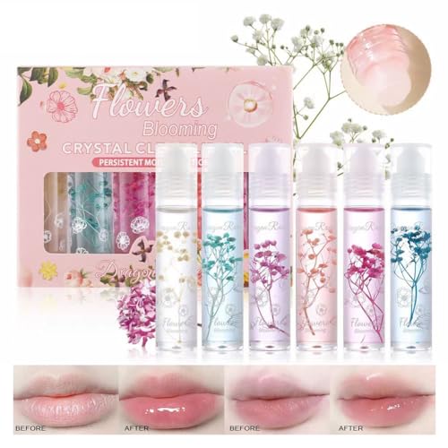 Flower Jelly Lip Oil Set - 6 Pack Rollerball Lip Gloss