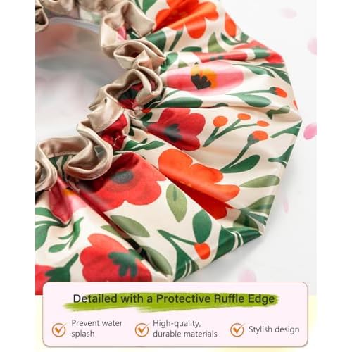 mikimini Large Shower Cap for Women Reusable Waterproof, Extra Large Hair Cap with Adjustable Elastic Band and Vibrant Floral Print, XL Bath Cap for Long Hair & Short Hair