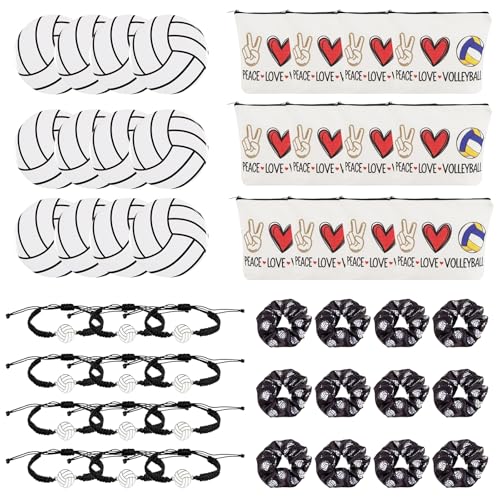 NUMJAW 48 Pcs Volleyball Team Gifts Bulk Volleyball Gifts Inspirational Gifts for Women Players,Volleyball Charm Bracelets,Volleyball Makeup Bags,Volleyball Compact Mirrors,Volleyball Hair Scrunchies