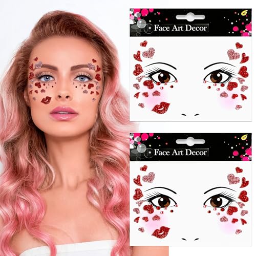Valentine's Day Face Gems Face Jewels Stickers Red Love Heart Lip Self Adhesive Eye Body Face Nail Hair Crystal Rhinestones for Makeup Festival Glitter Face Art Decor 2Sheets (style1)