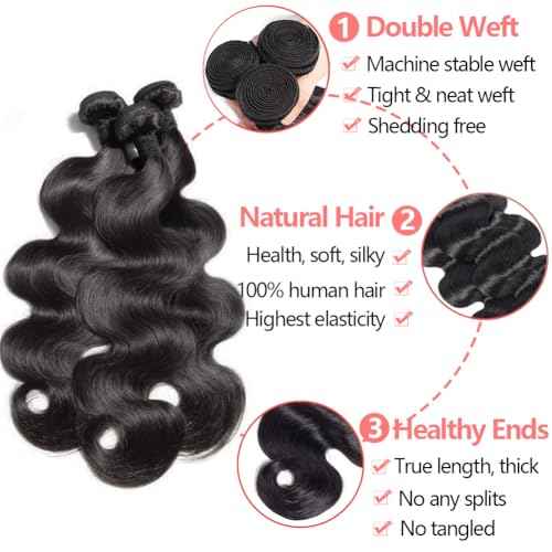 Bundles with Closure Human Hair (14 16 18+12) Body Wave 3 Bundles with 5x5 HD Closure 100% Human Hair 12A Unprocessed Virgin Hair Natural Black