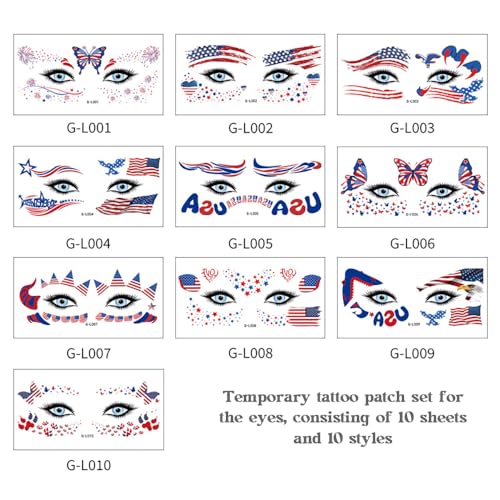 4th of July Face Tattoo Stickers for Kids Adults, 10 Sheets Independence Day Temporary Tattoo Red White Blue USA Flag Patriotic Party Supplies Fake Tattoos for Eye Makeup Face Decor