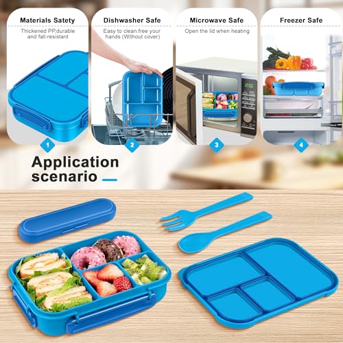 Amathley Lunch Box Kids,Bento Box Adult,Leakproof Lunch Containers for Adults/Kids/Toddler,1200ML-4 Compartments bento Lunch box with Utensil,Microwave & Dishwasher & Freezer Safe (Blue)