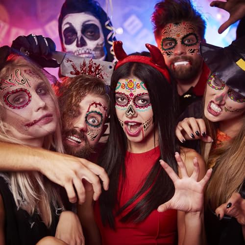 12 Sheet Day of the Dead Face Tattoos, Halloween Temporary Tattoos Face Sticker Skeleton Sugar Skull Fake Tattoos for Halloween, Masquerade and Parties