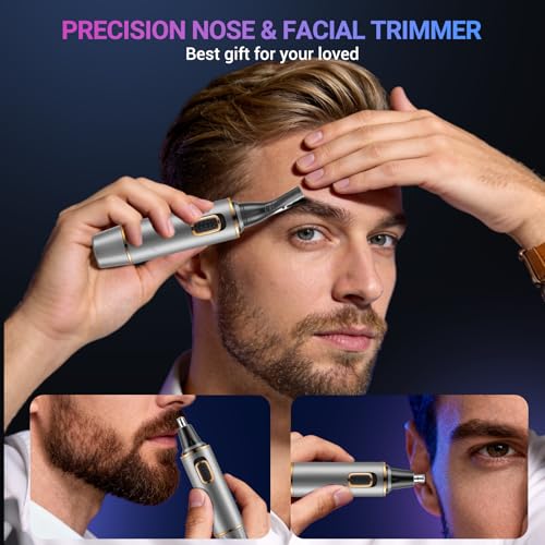AREYZIN Nose Hair Trimmer for Men,Rechargeable Ear and Nose Trimmer,2 in 1 Painless Professional Eyebrow & Facial Hair Trimmer with IPX7 Waterproof Dual Edge Blades,Wet/Dry Use(Grey)