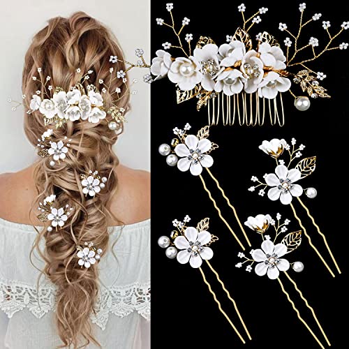 5 PC Bridal Wedding Hair Pins & Comb with Pearls