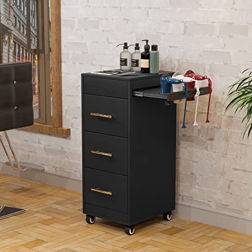 OmySalon Black Salon Trolley Cart with Wheels & 3 Drawers - Mobile Hair Styling Station
