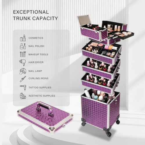 Rolling Makeup Train Case 6-in-1 with Mirror & Lock