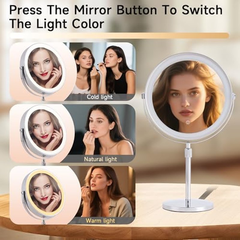 1X/20X Magnifying Makeup Mirror with Lights - 9" Large Dual-Sided Vanity Mirror with 3 Color Lights for Women's Travel Cosmetic Mirror | 3000 mAh-USB Rechargeable | 360¡Æ Rotation | Adjustable Height