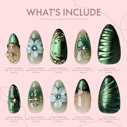 Green Leaf Fake Nails Press on Set, 10PCS with Floral Accents & Crystal Decorations, Includes Glue Tools Storage Box, Artistic Manicure Set for Special Events (green, S)
